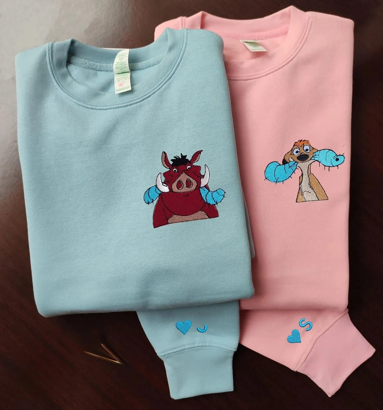 Matching Couple Hoodies - Timon and Pumbaa Custom Embroidered Couples Matching Hoodies