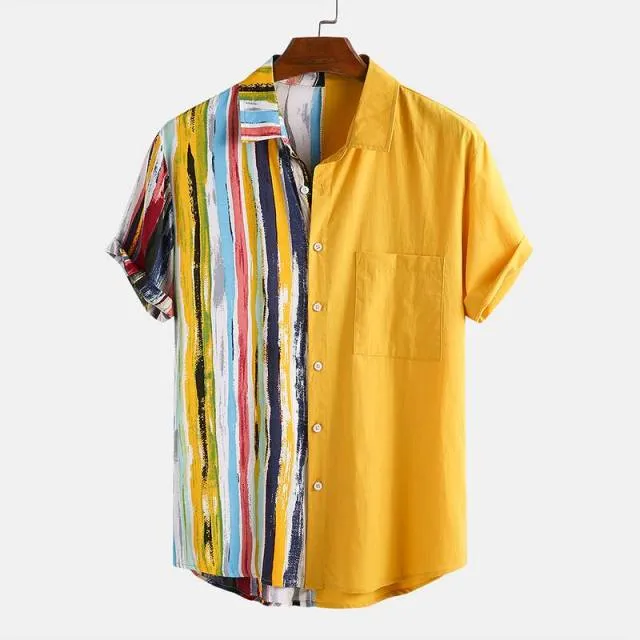 Men Ethnic Printed Shirts Short Sleeve Lapel Patchwork Shirt Casual Loose Soft Camisas Summer Hawaiian Holiday Blusas Plus Size