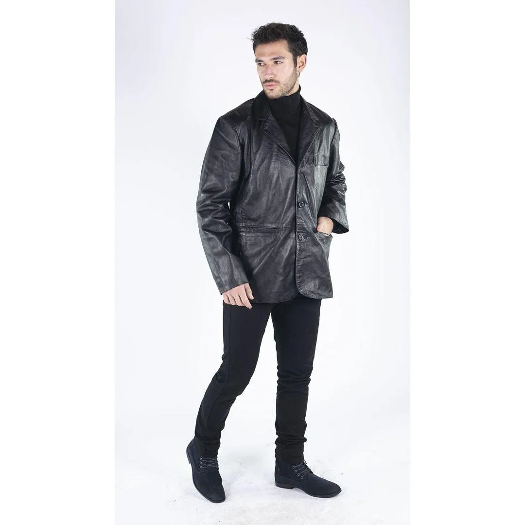 Mens Real Leather Jacket Black Smart Casual Classic Blazer Retro Vintage