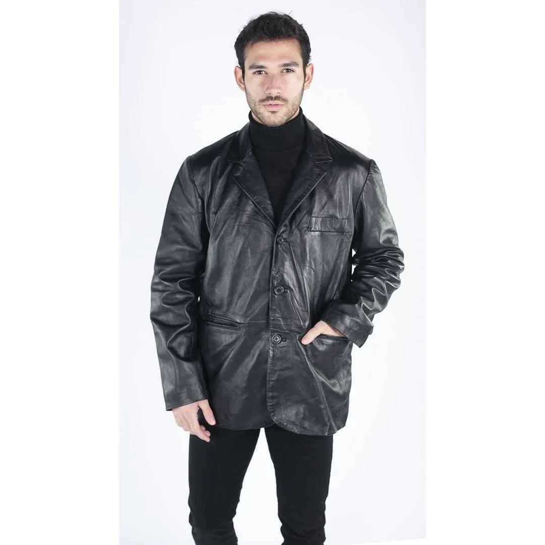 Mens Real Leather Jacket Black Smart Casual Classic Blazer Retro Vintage