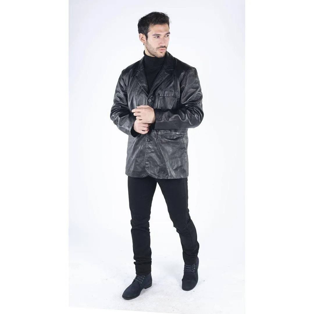 Mens Real Leather Jacket Black Smart Casual Classic Blazer Retro Vintage