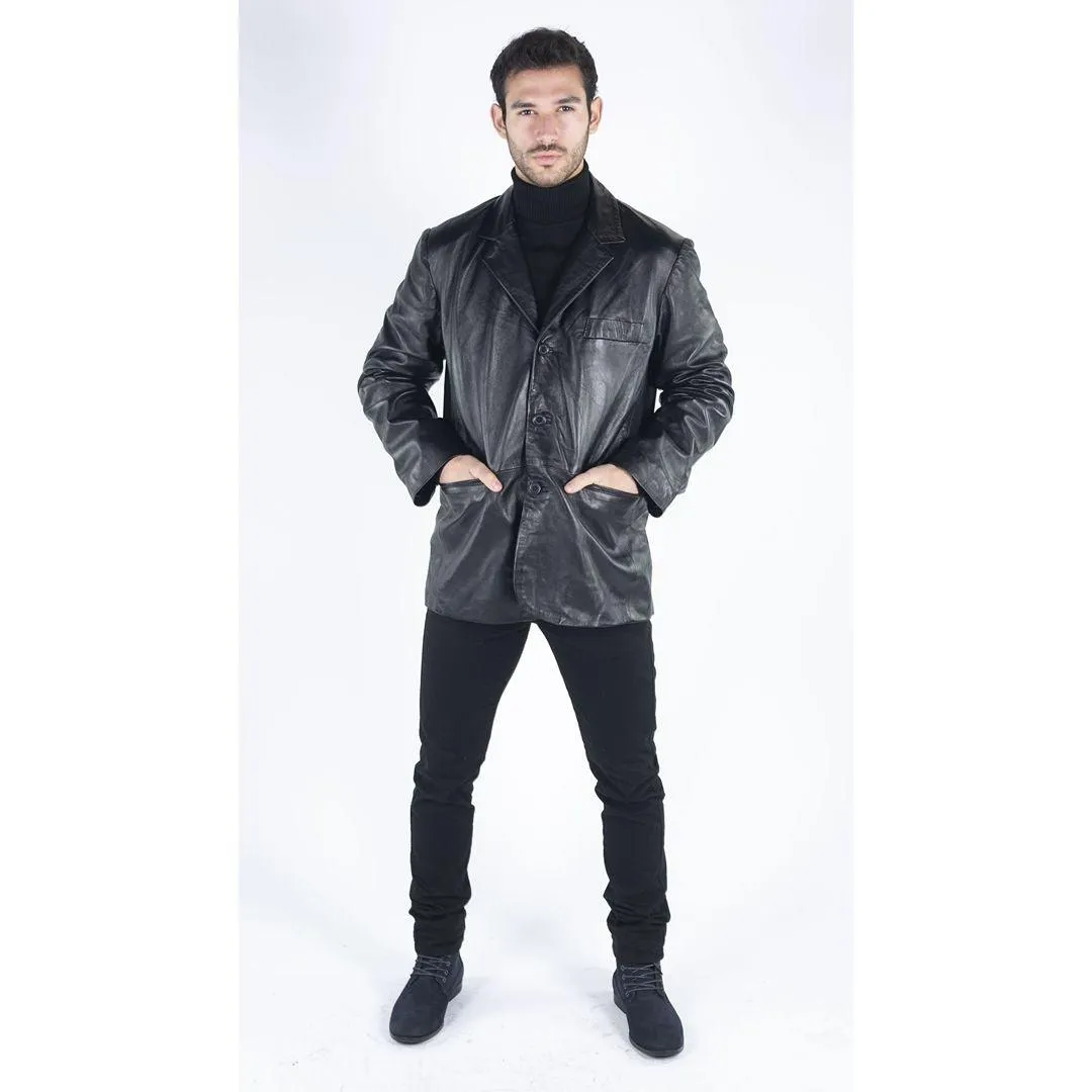 Mens Real Leather Jacket Black Smart Casual Classic Blazer Retro Vintage