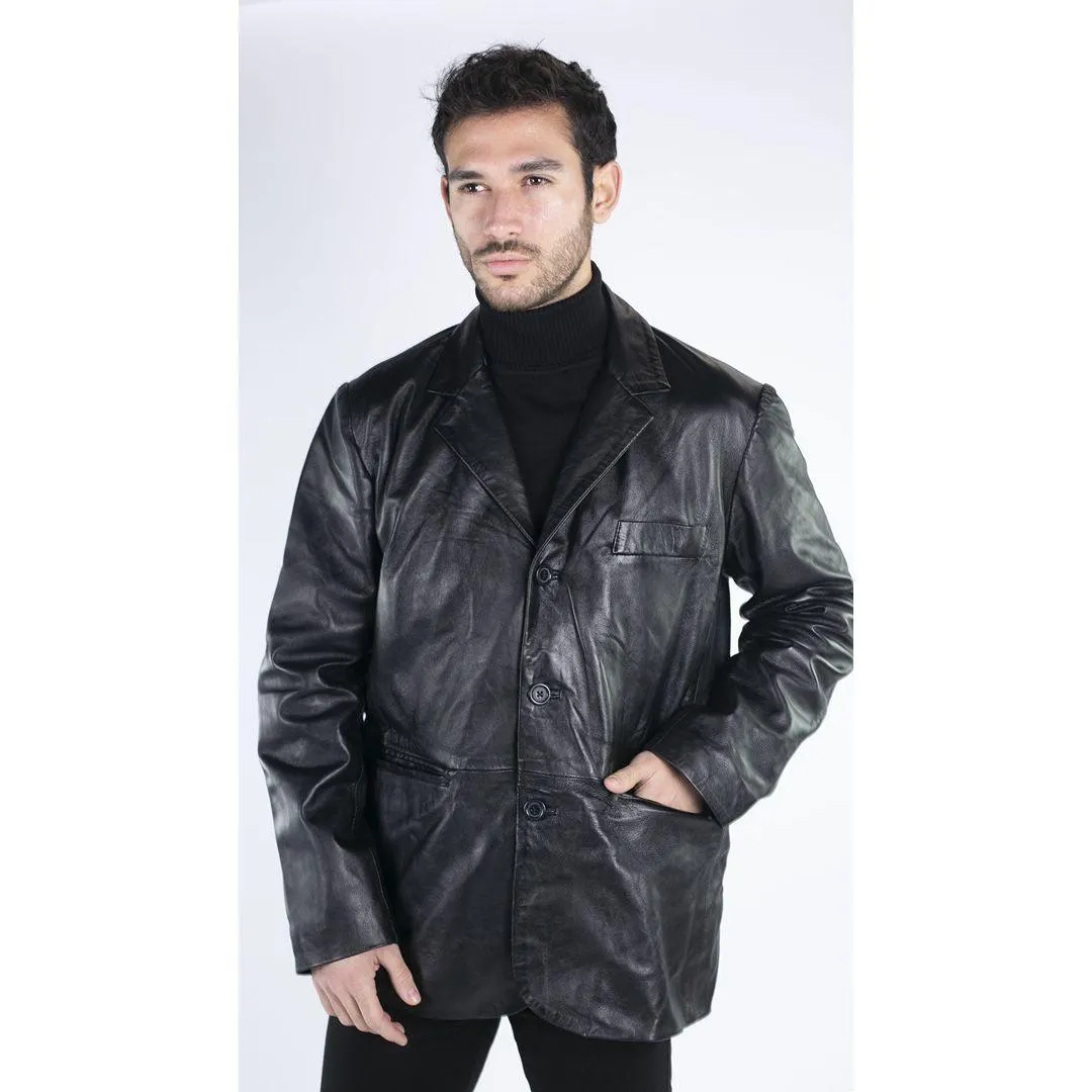 Mens Real Leather Jacket Black Smart Casual Classic Blazer Retro Vintage