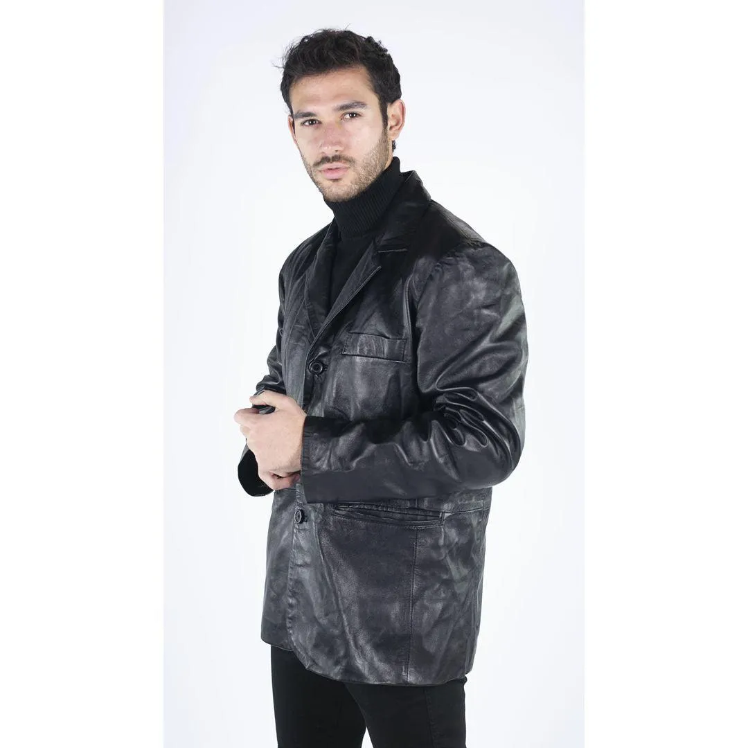 Mens Real Leather Jacket Black Smart Casual Classic Blazer Retro Vintage