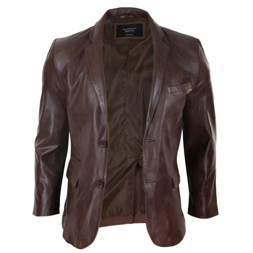 Mens Slim Fit Classic Genuine Leather 2 Button Blazer Jacket Vintage