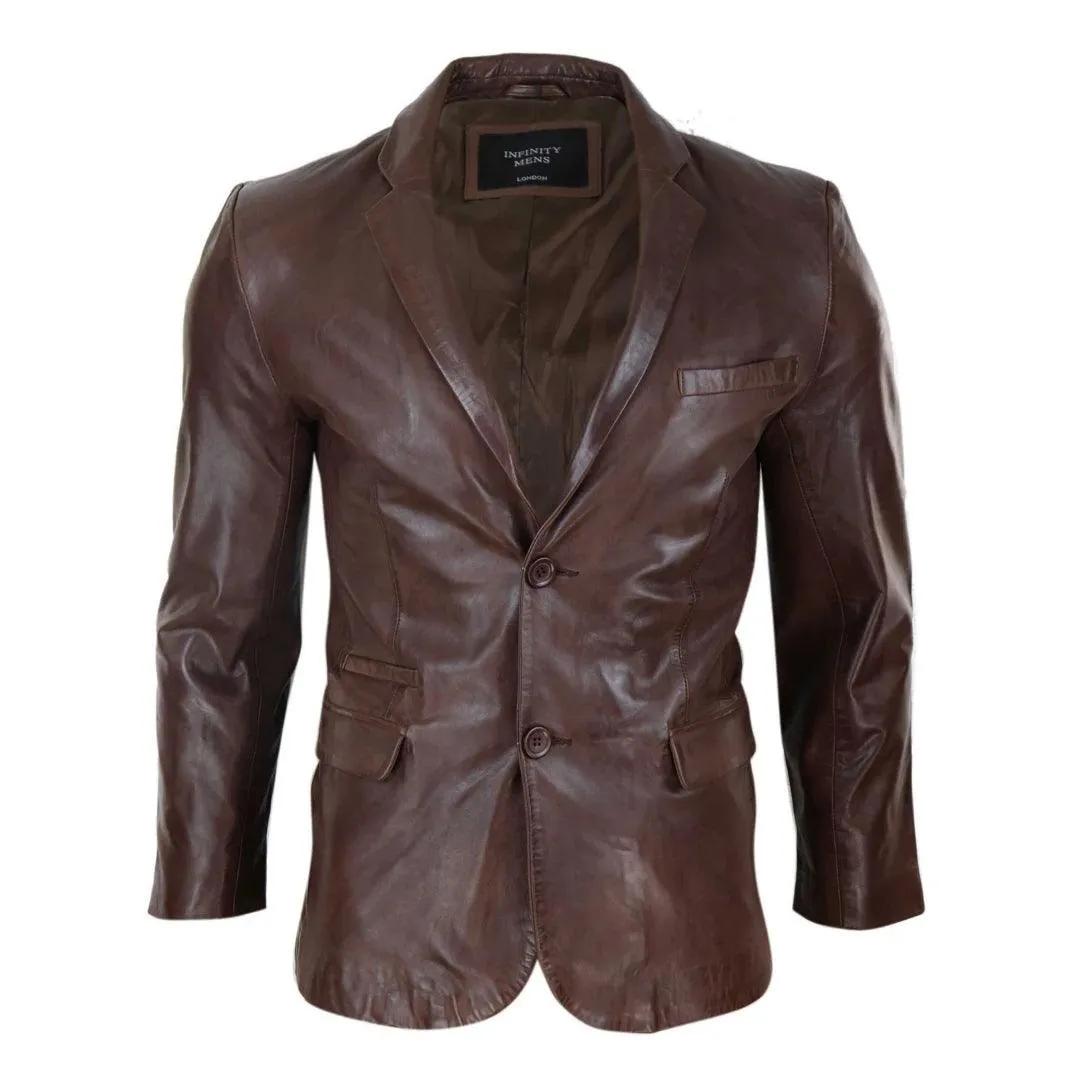 Mens Slim Fit Classic Genuine Leather 2 Button Blazer Jacket Vintage