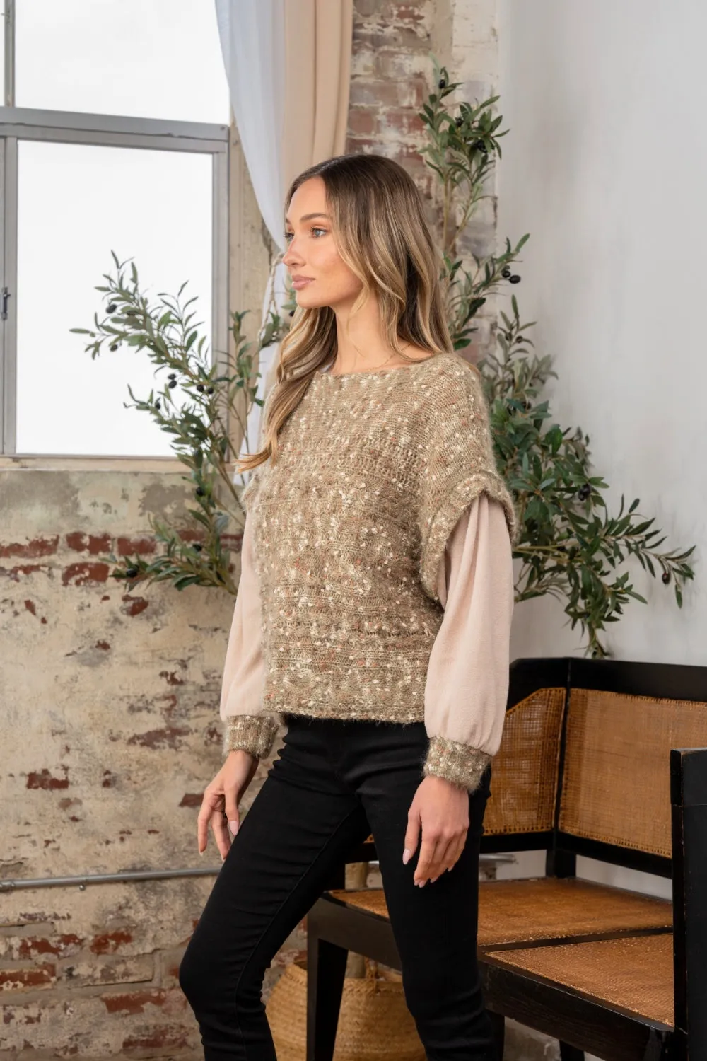 Olive Fuzzy Knit Long Sleeve Knit Sweater