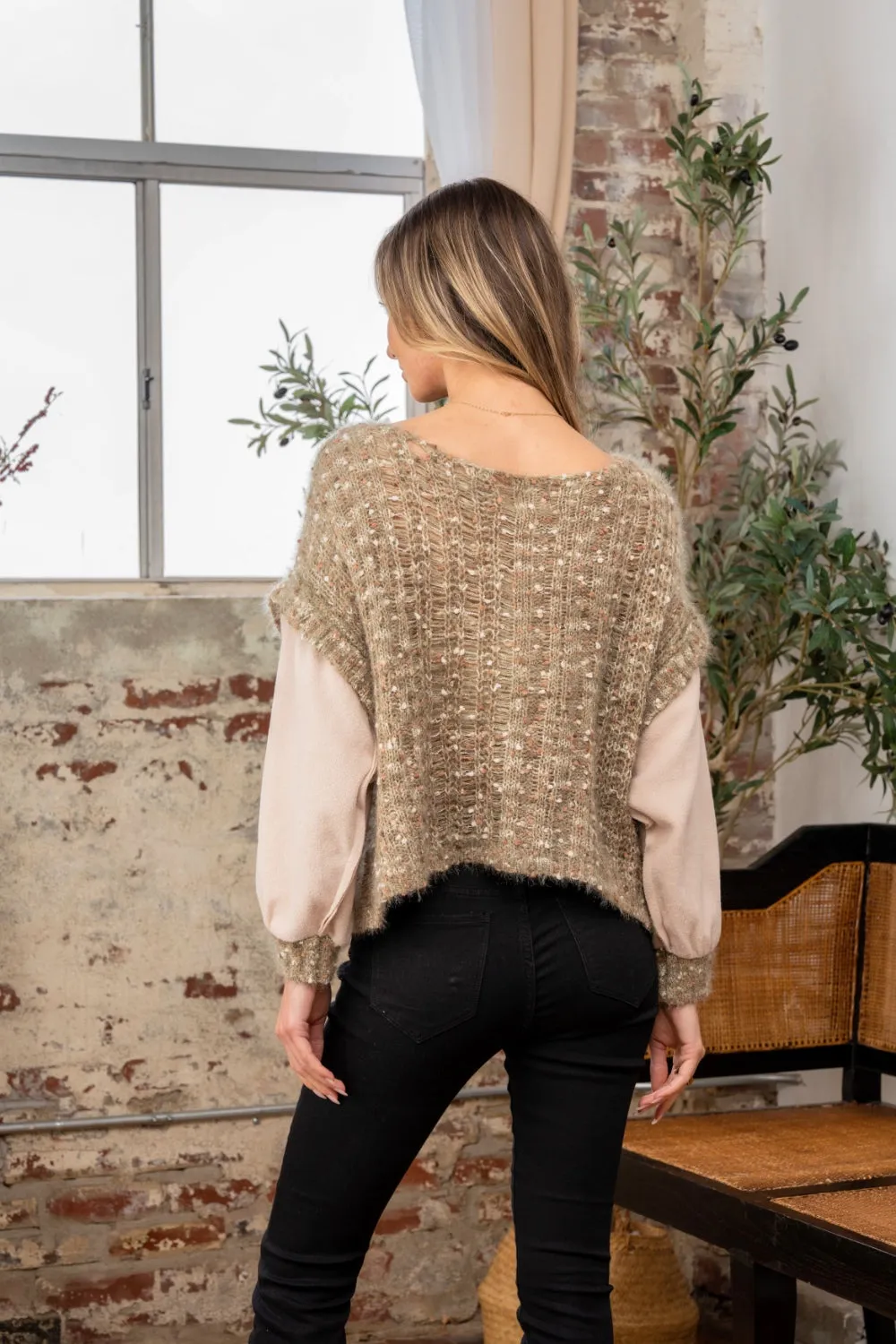 Olive Fuzzy Knit Long Sleeve Knit Sweater