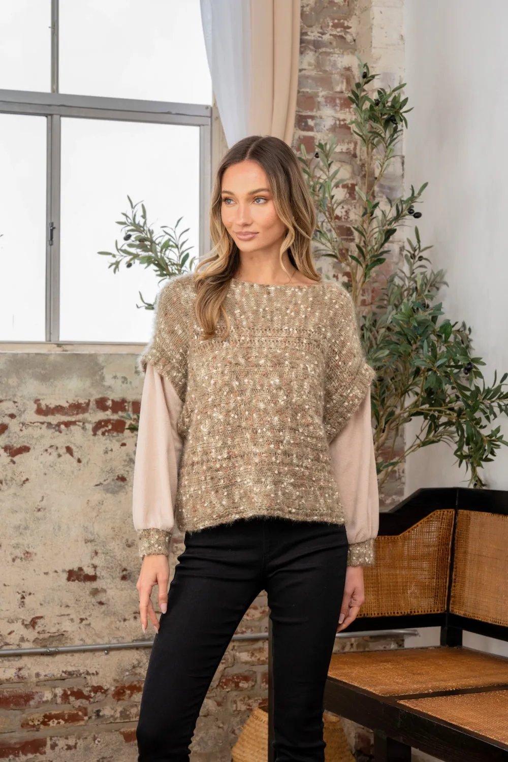 Olive Fuzzy Knit Long Sleeve Knit Sweater