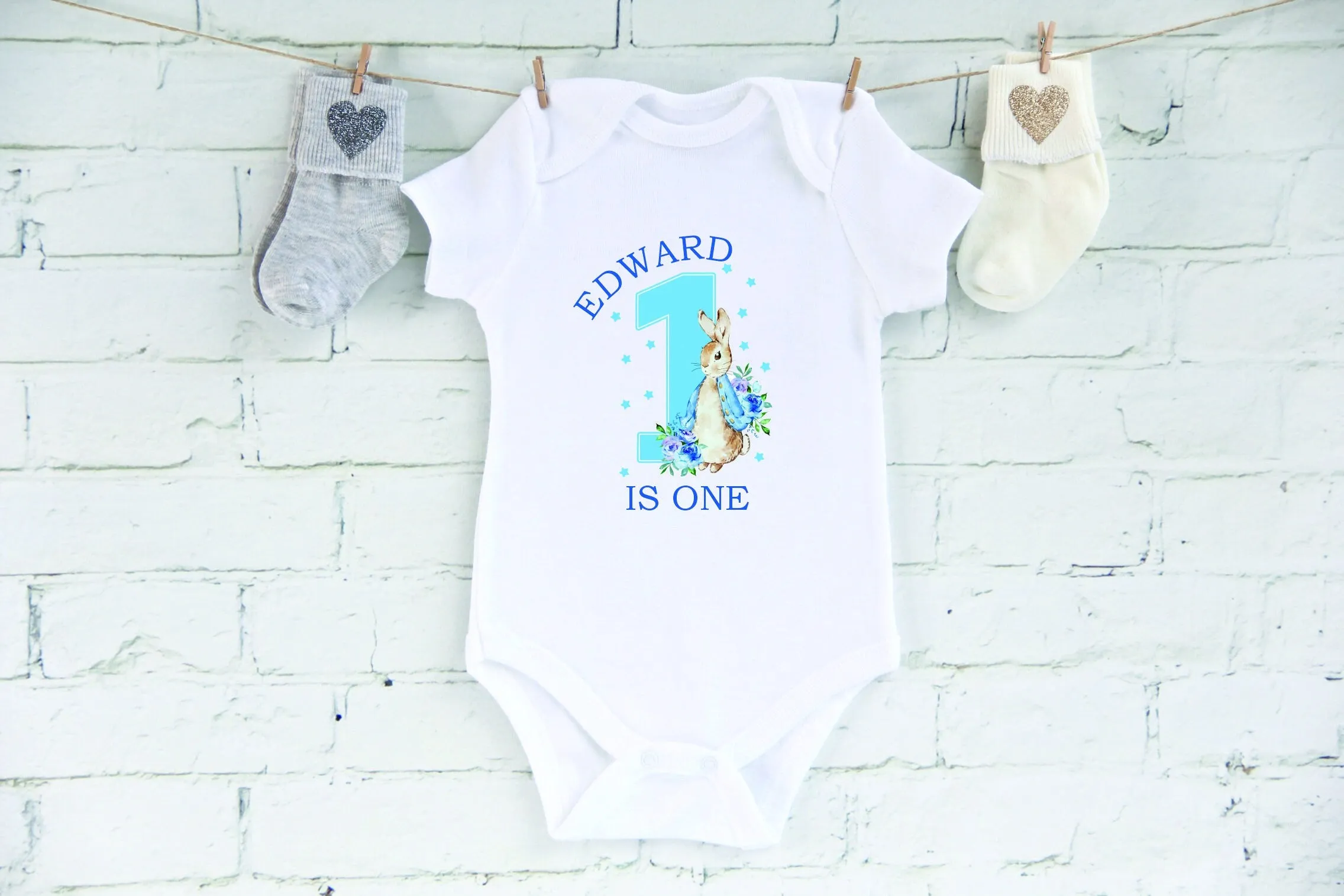 Personalised Peter Rabbit 1st Birthday T-shirt Little Boy Blue - One Today