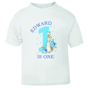 Personalised Peter Rabbit 1st Birthday T-shirt Little Boy Blue - One Today