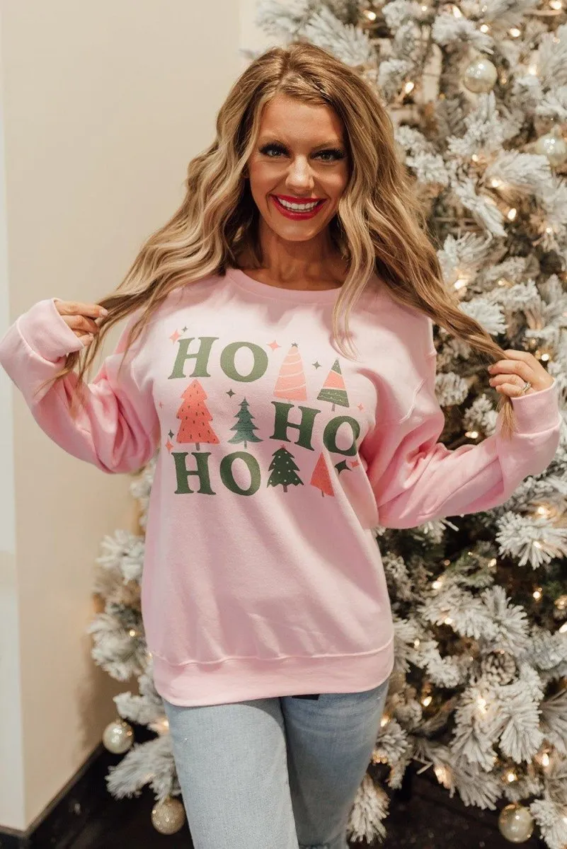 Pink Christmas "HO, HO, HO" Graphic Sweatshirt