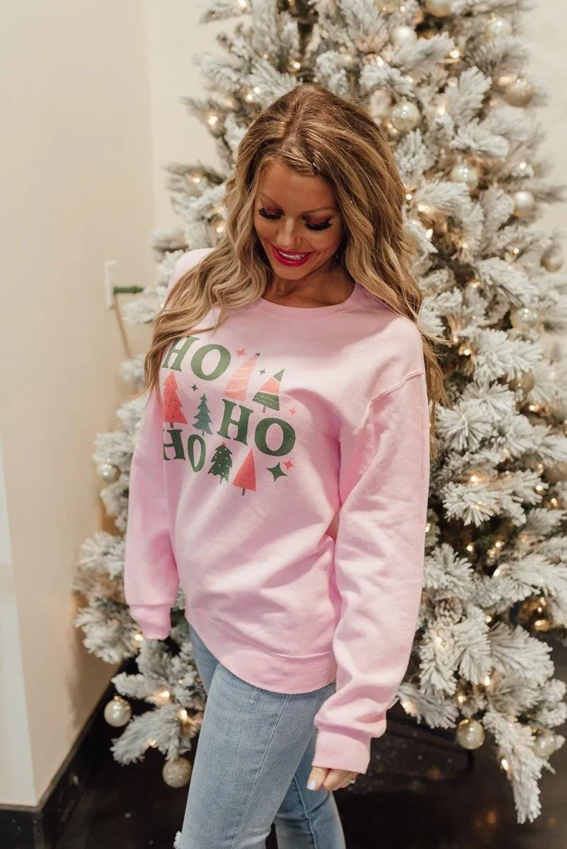 Pink Christmas "HO, HO, HO" Graphic Sweatshirt