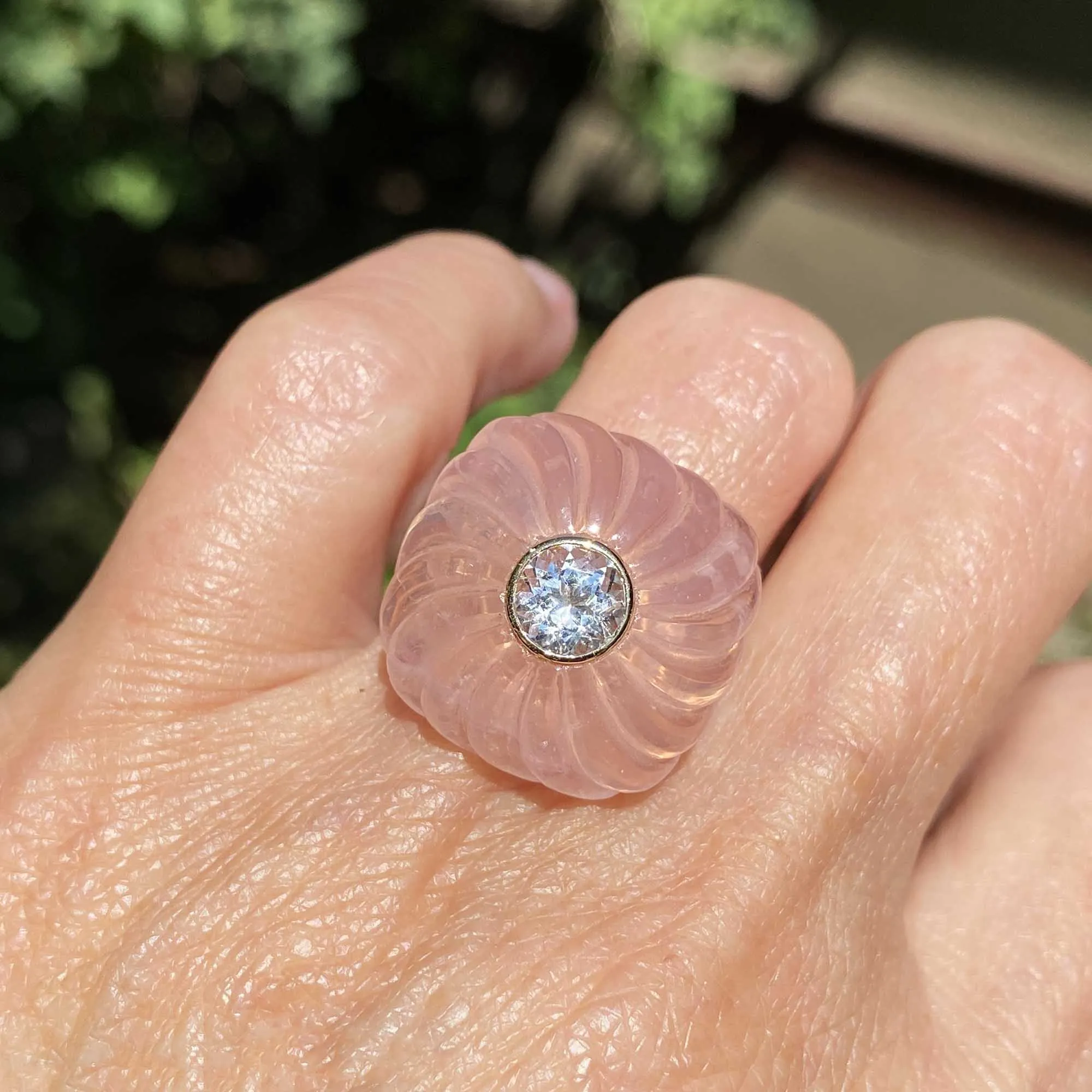 Pinwheel Carved Rose Quartz Blue Topaz Ring in 14K Gold