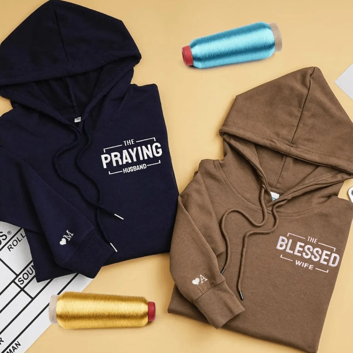 Praying Husband & Blessed Wife Matching Hoodies - Custom Embroidered Matching Couple Hoodies