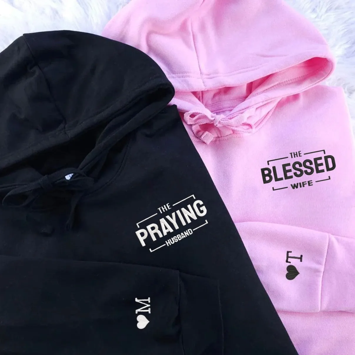 Praying Husband & Blessed Wife Matching Hoodies - Custom Embroidered Matching Couple Hoodies