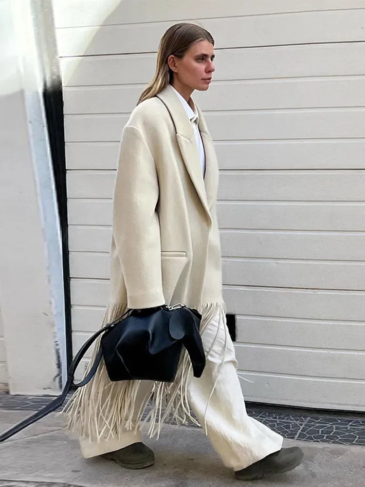 Purpdrank - 2023 Autumn New Solid Tassel Woolen Blends Coat Women Lapel Full Sleeve With Pocket Coats Female Fashion Streetwear Overcoats