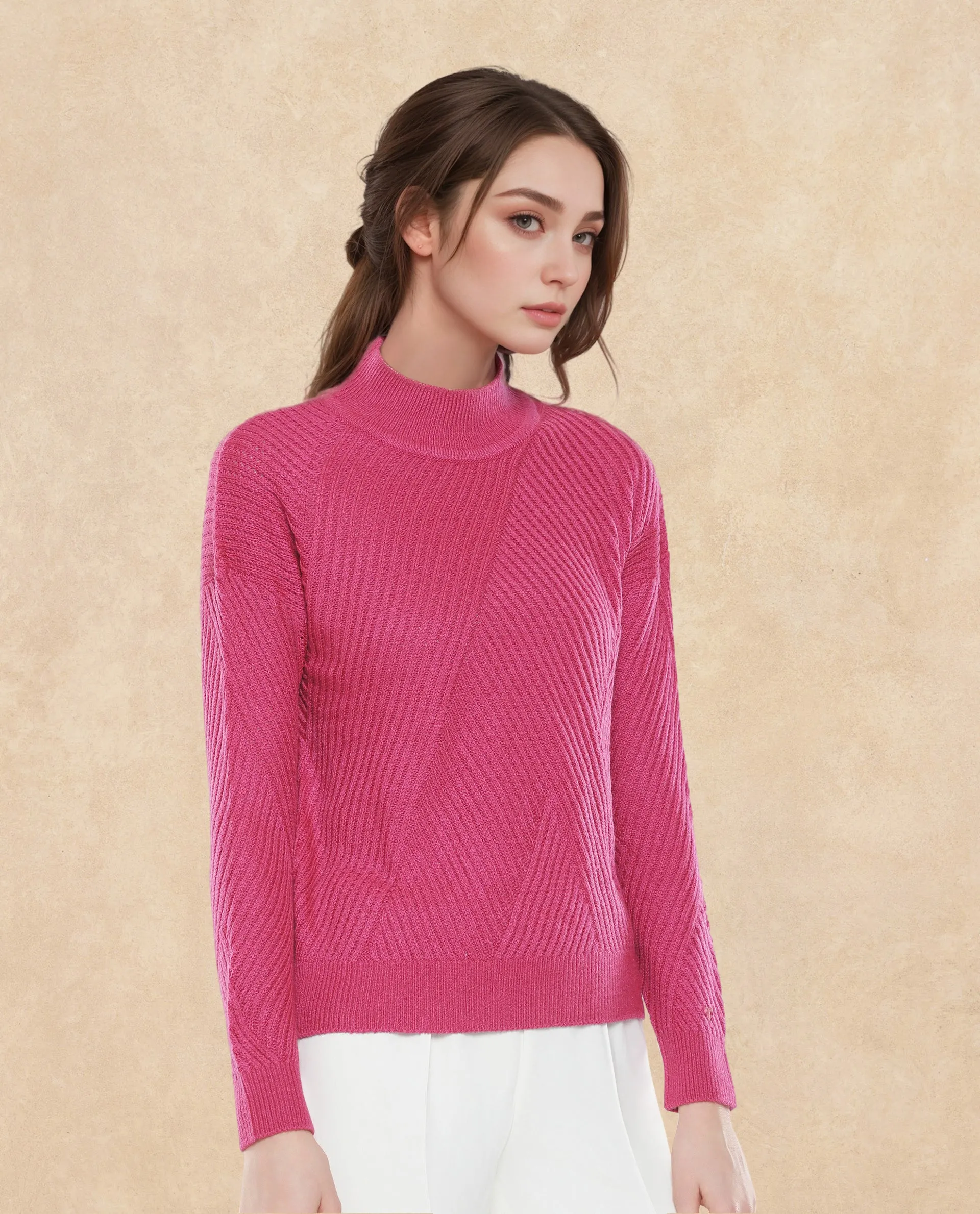 Rareism Women Apole Pink Relaxed Fit Plain Sweater