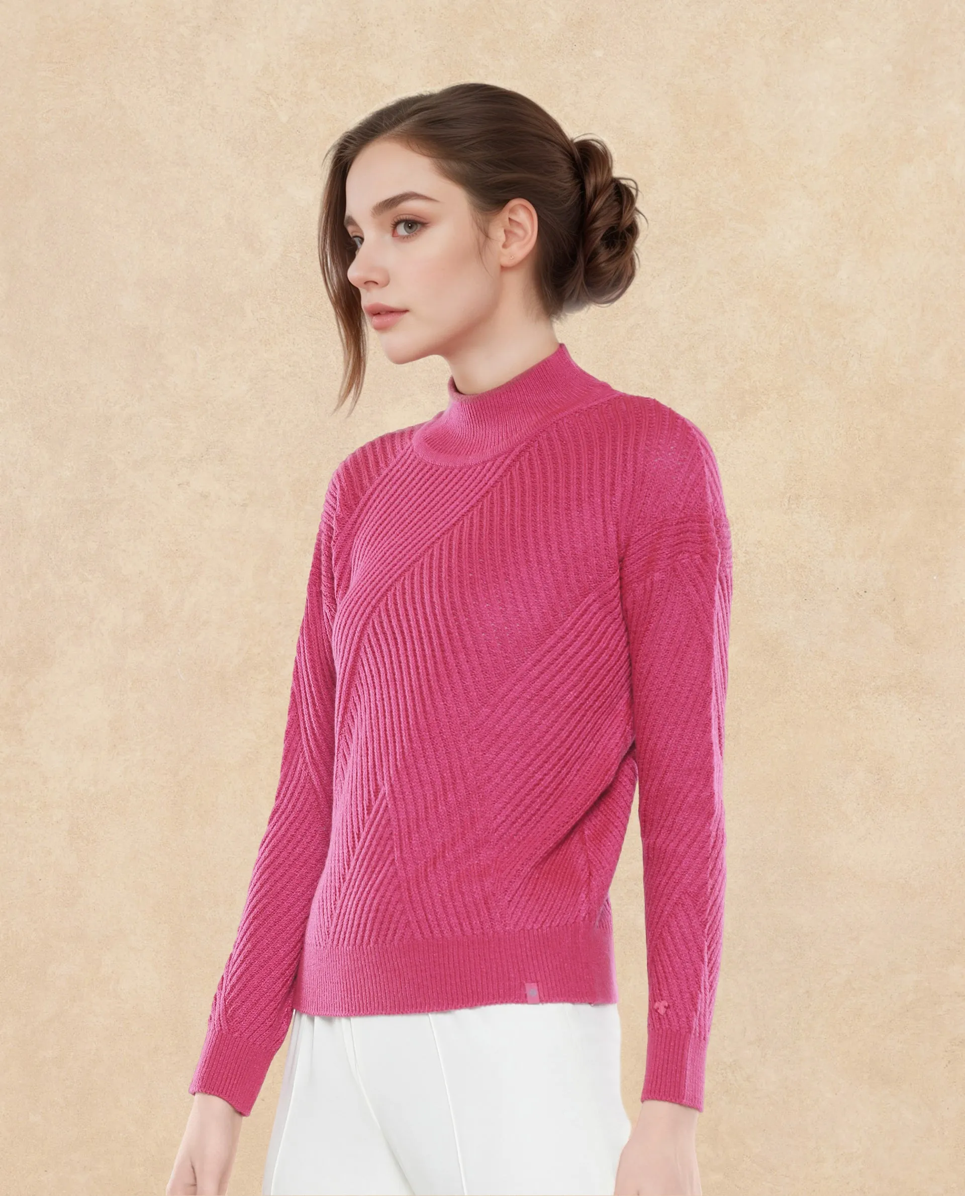 Rareism Women Apole Pink Relaxed Fit Plain Sweater