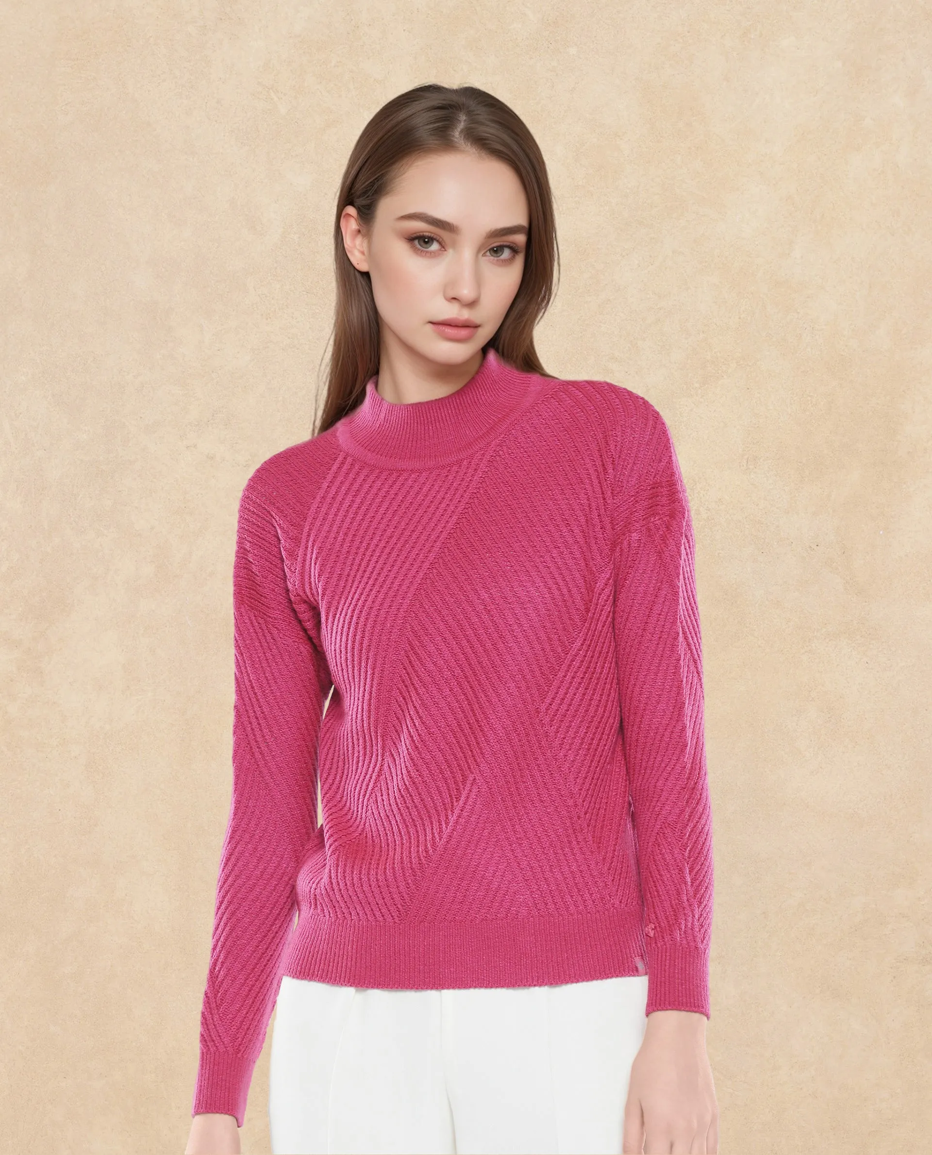 Rareism Women Apole Pink Relaxed Fit Plain Sweater