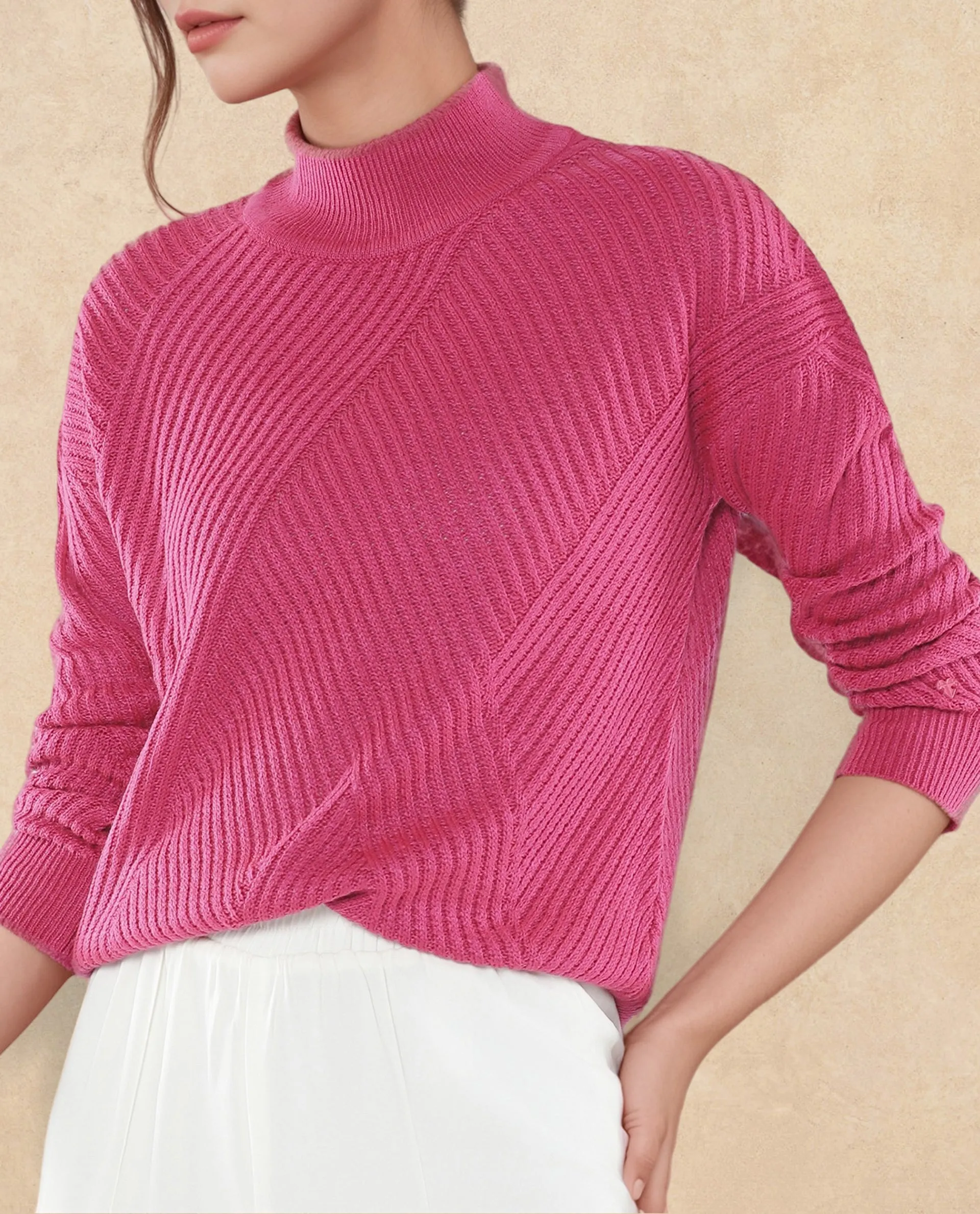 Rareism Women Apole Pink Relaxed Fit Plain Sweater