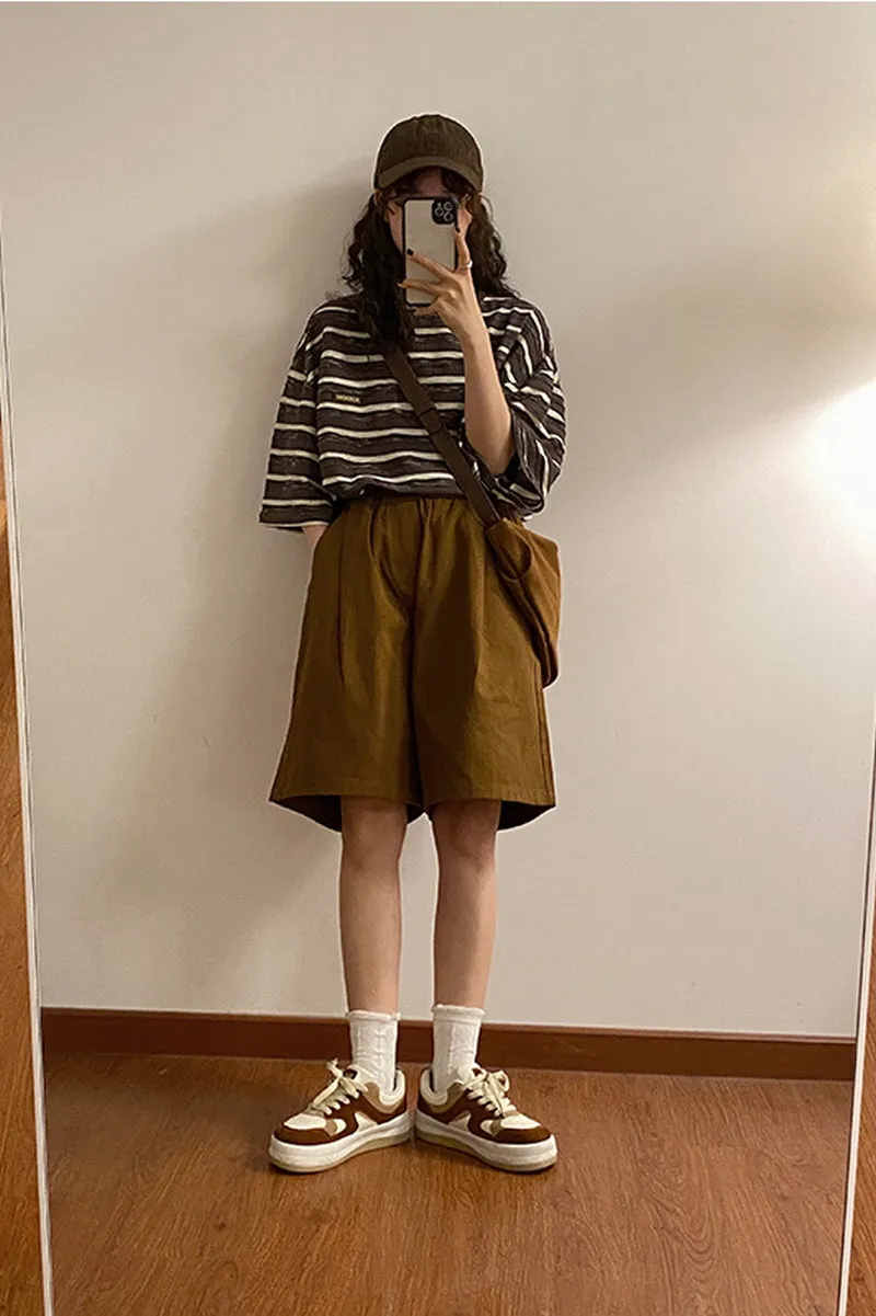 Retro Style Coffee Cargo Shorts Loose Casual Straight Wide-Leg Cropped Pants