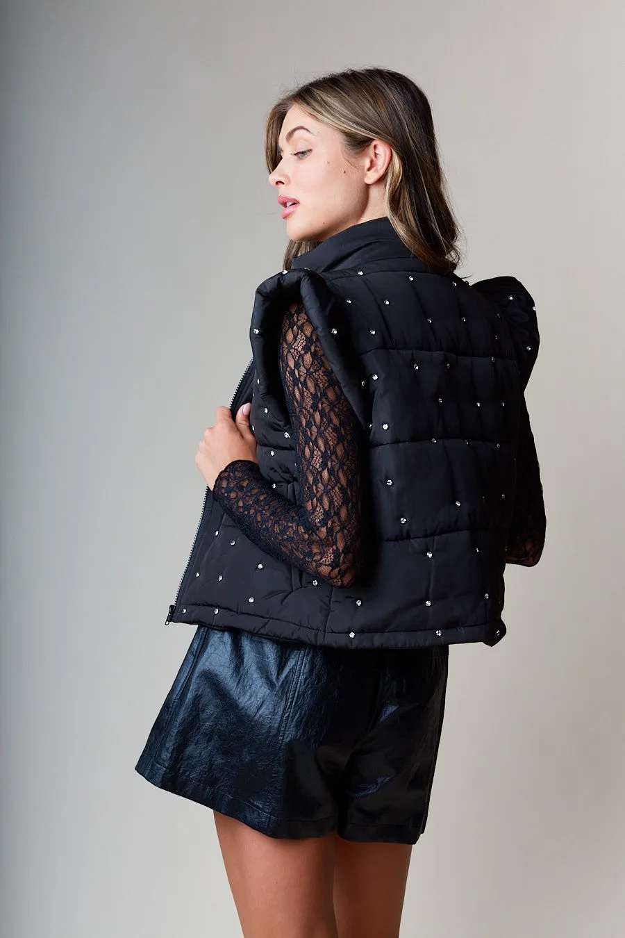 Rhinestone Embellished Quilted Puffer Vest