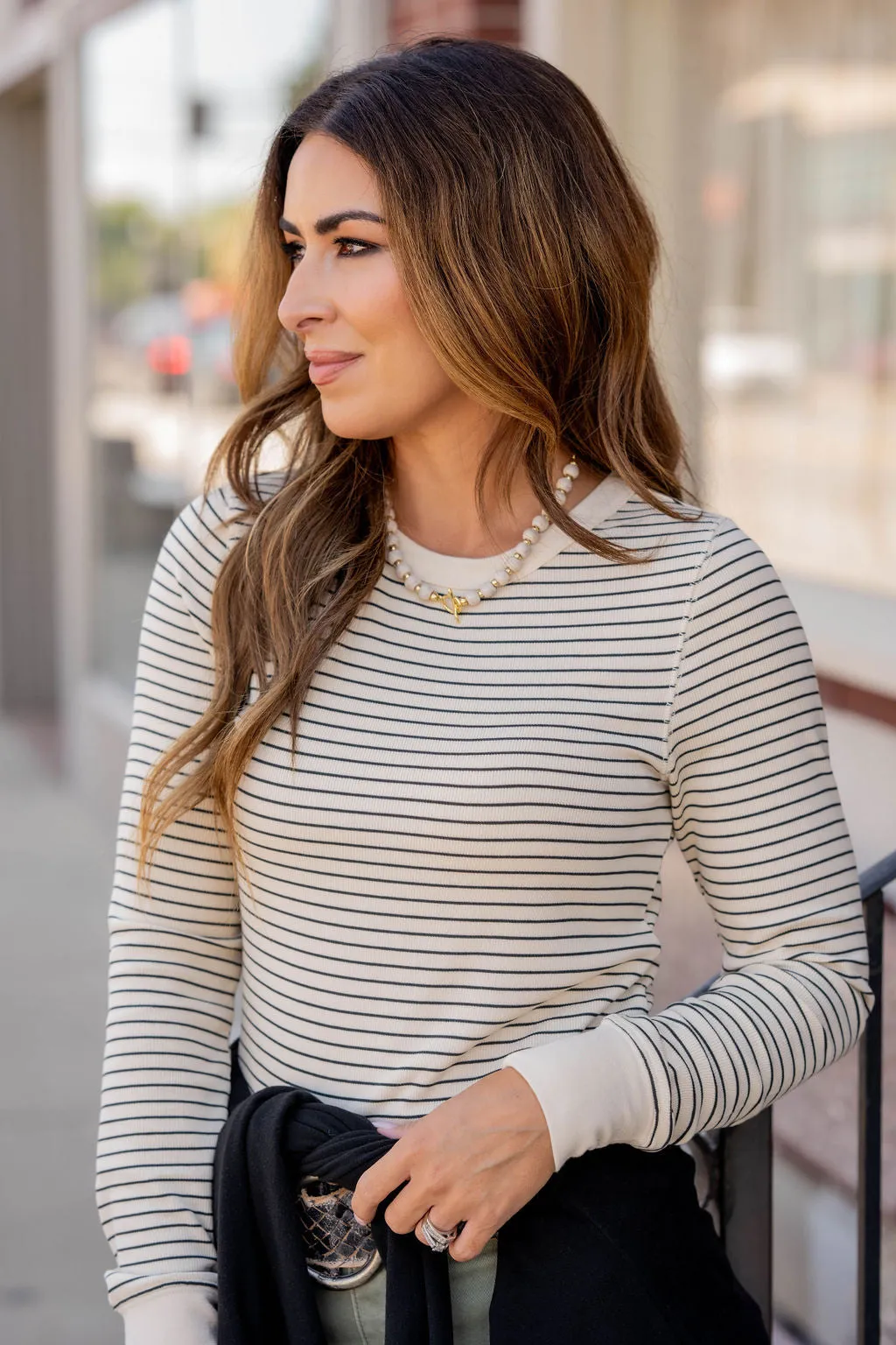 Ribbed Thin Striped Long Sleeve Tee