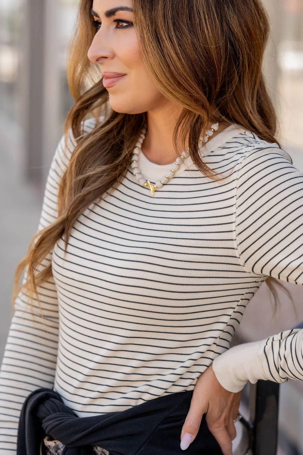 Ribbed Thin Striped Long Sleeve Tee