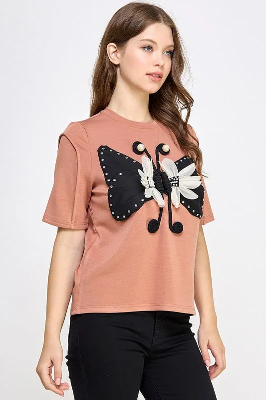 Rust Rhinestone Detail Graphic Soft Fab T Shirt