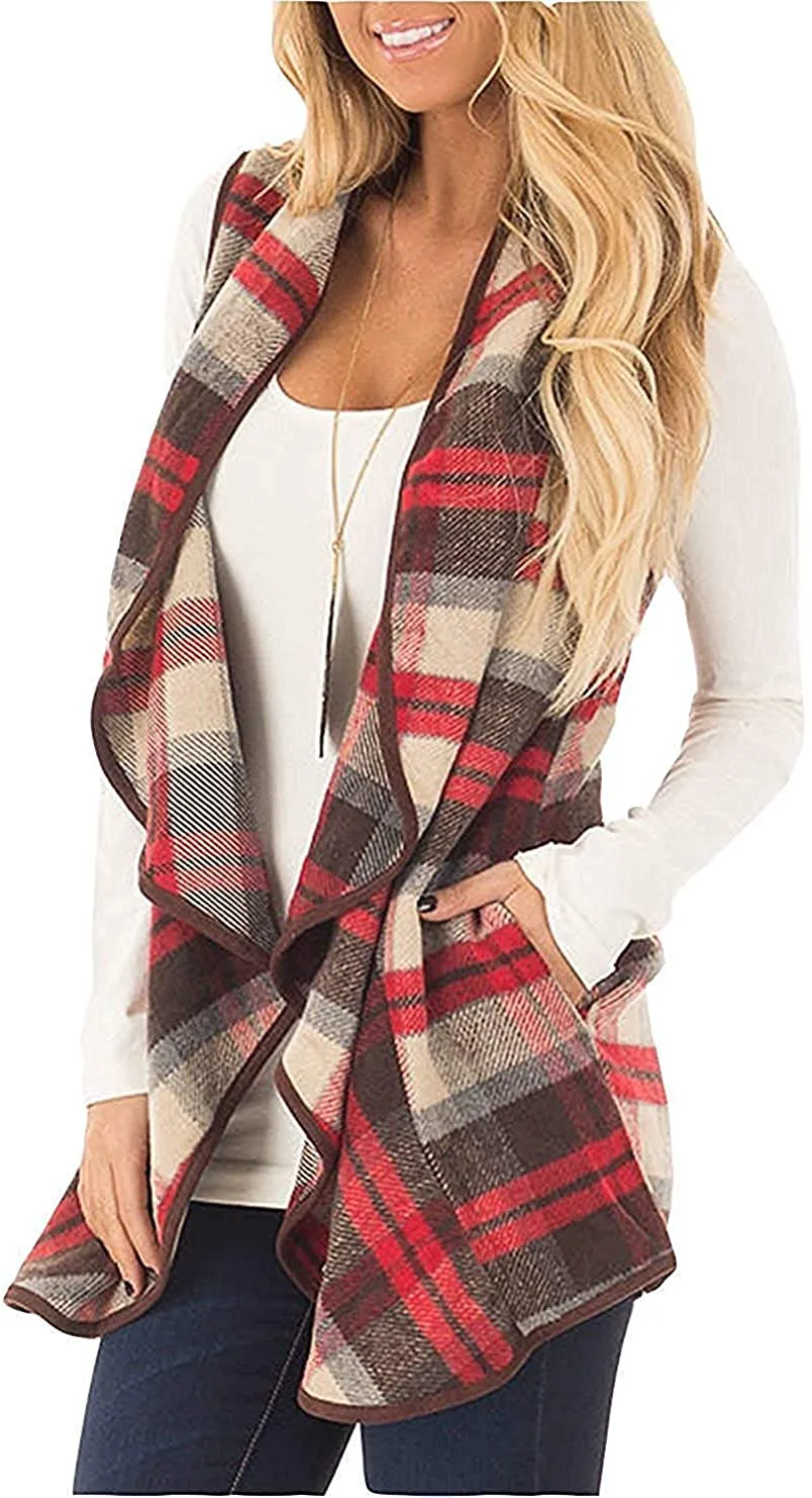 Rvshilfy Women's Color Block Lapel Open Front Sleeveless Plaid Vest Cardigan with Pockets