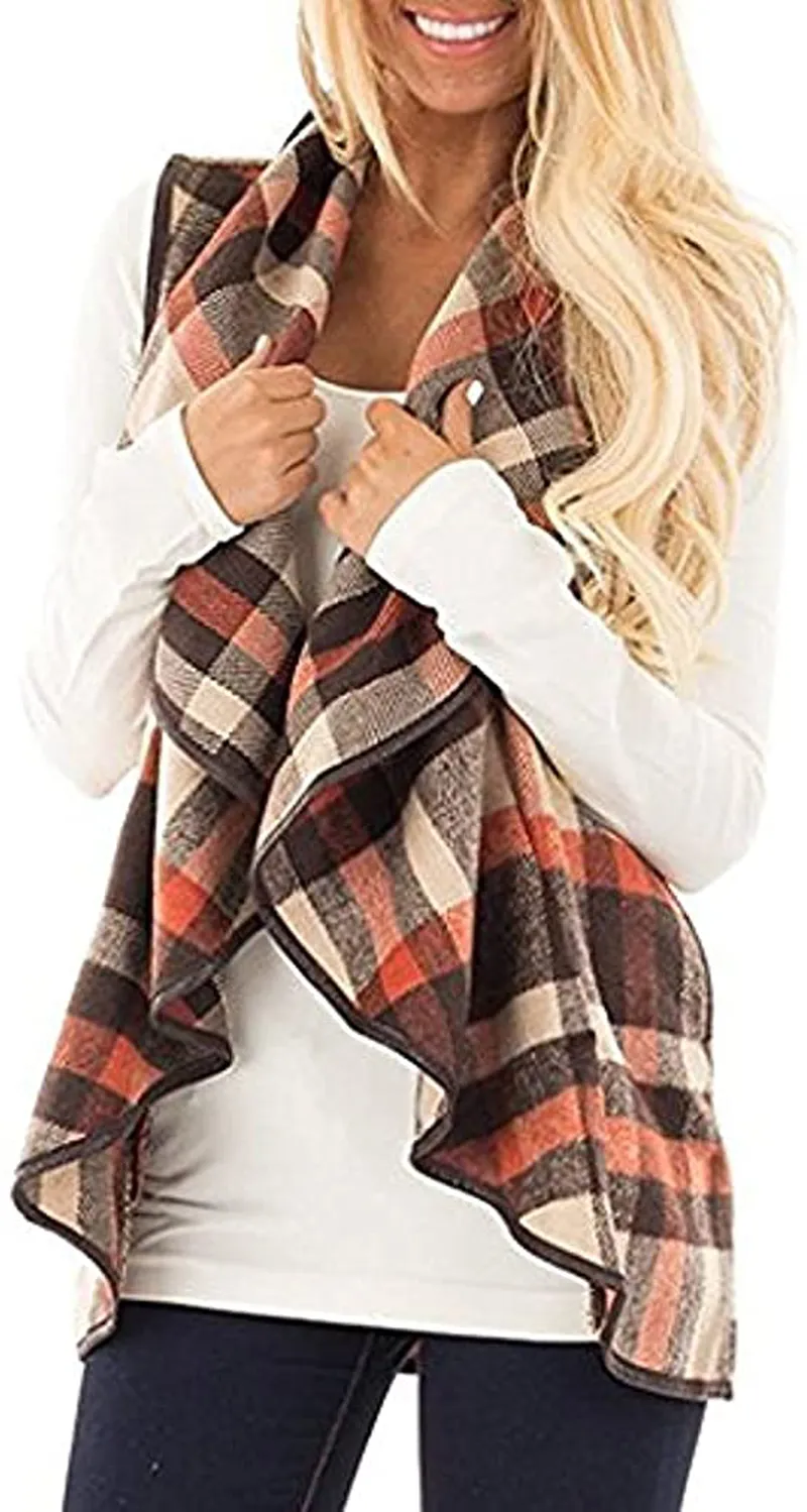 Rvshilfy Women's Color Block Lapel Open Front Sleeveless Plaid Vest Cardigan with Pockets