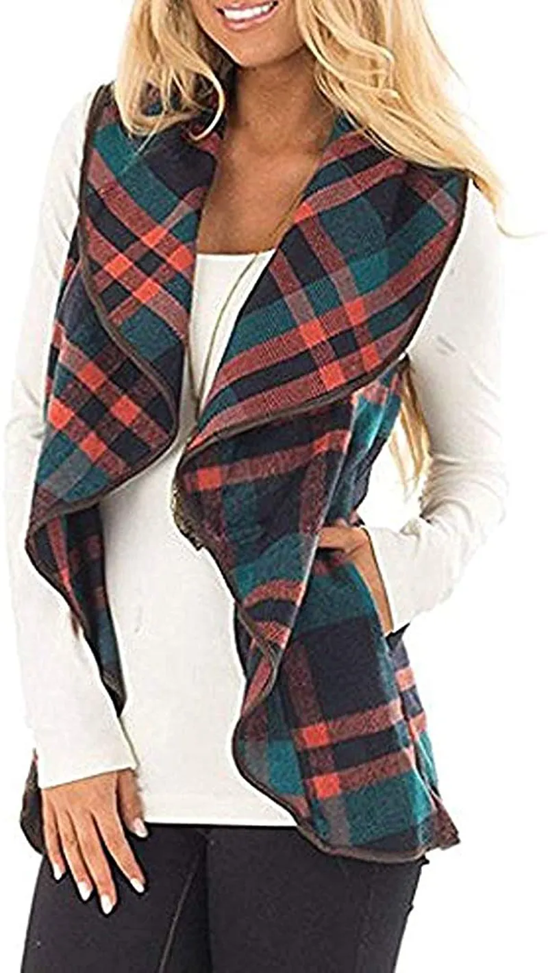 Rvshilfy Women's Color Block Lapel Open Front Sleeveless Plaid Vest Cardigan with Pockets