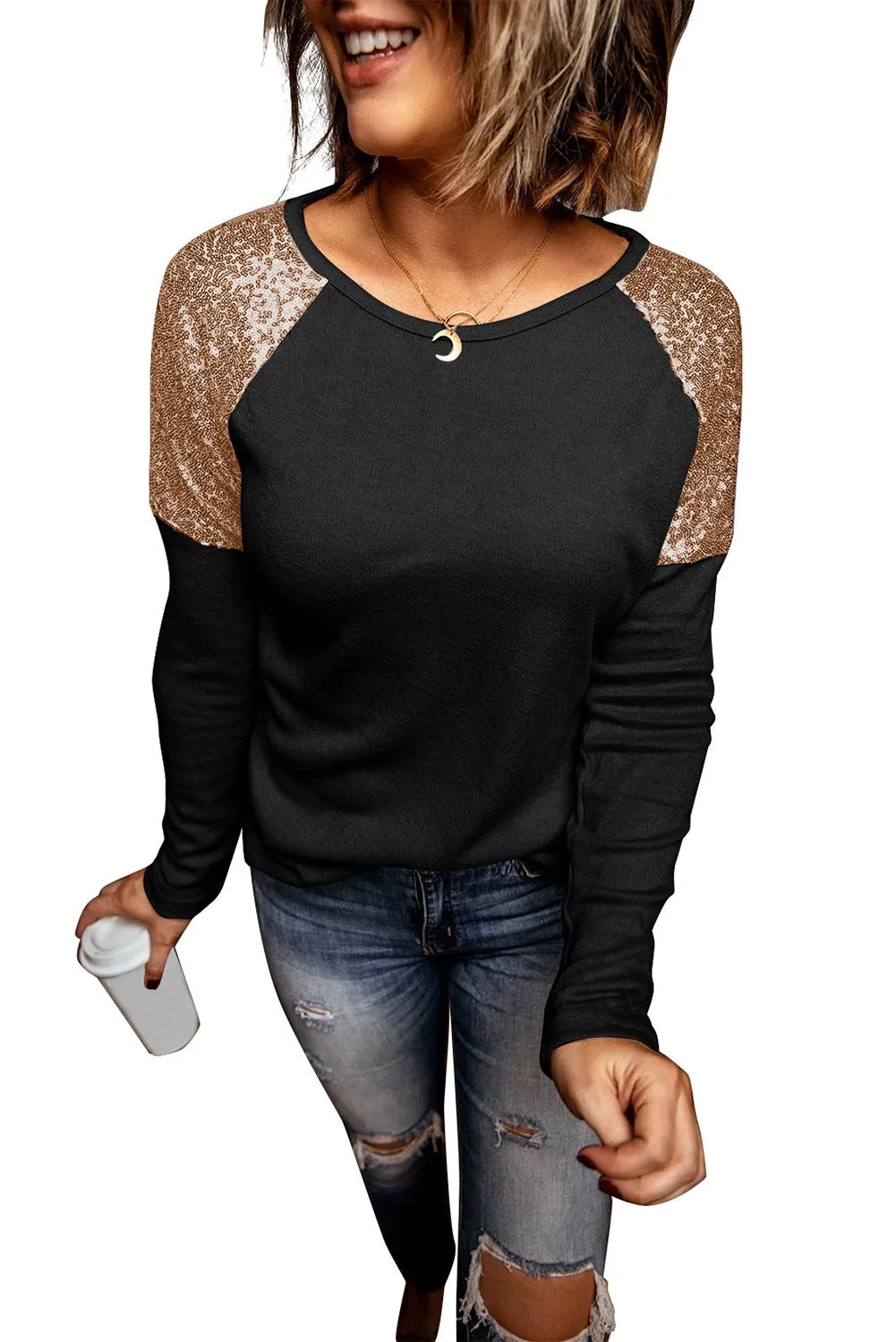 Sequin Shoulder Long Sleeve Top