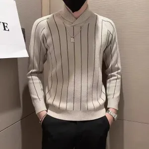 Striped Half High Collar Knit Sweater: Casual Wool Pullover for Men, Warm Jumper Top