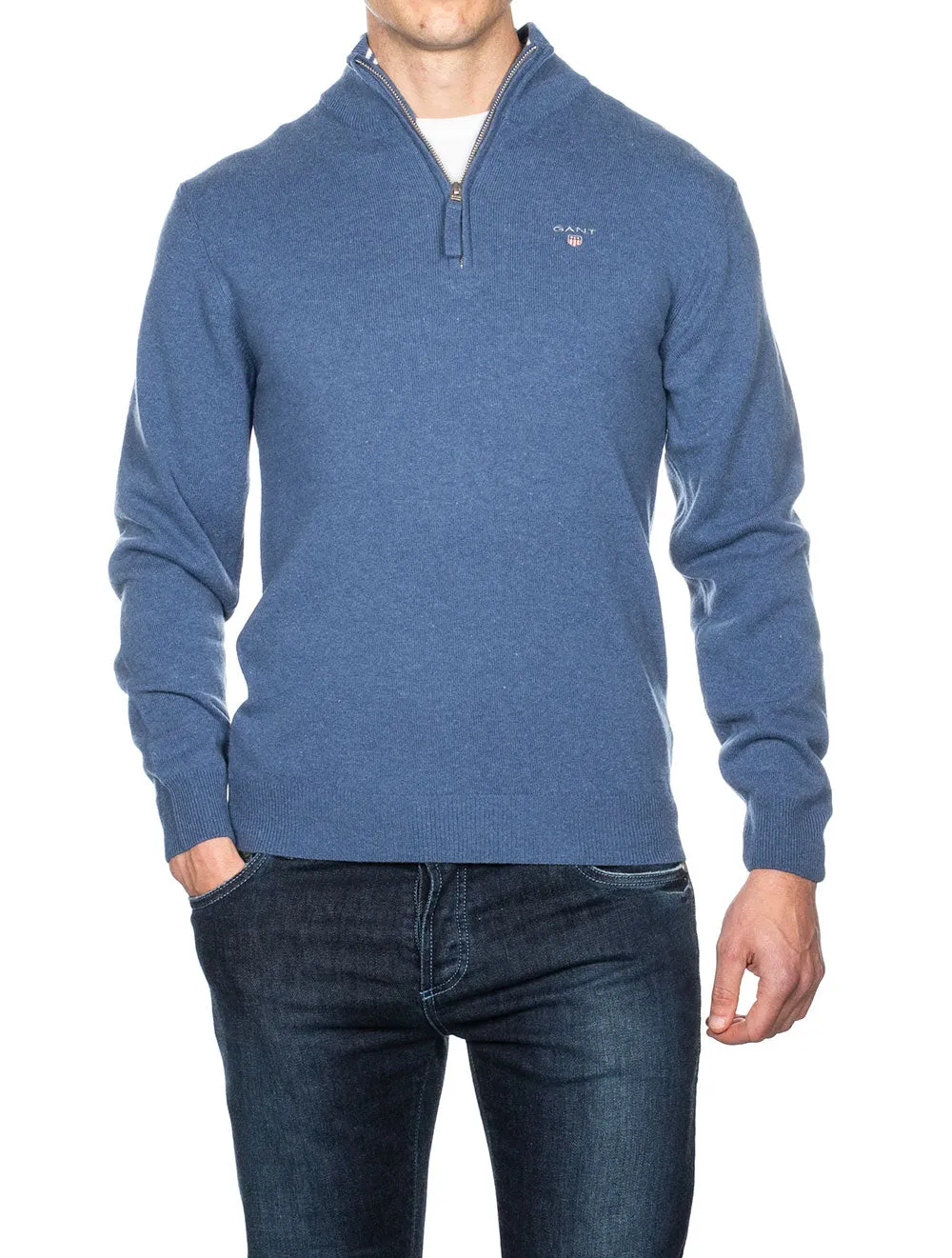 Super Fine Lambswool Half-Zip Sweater Stone Blue Melange