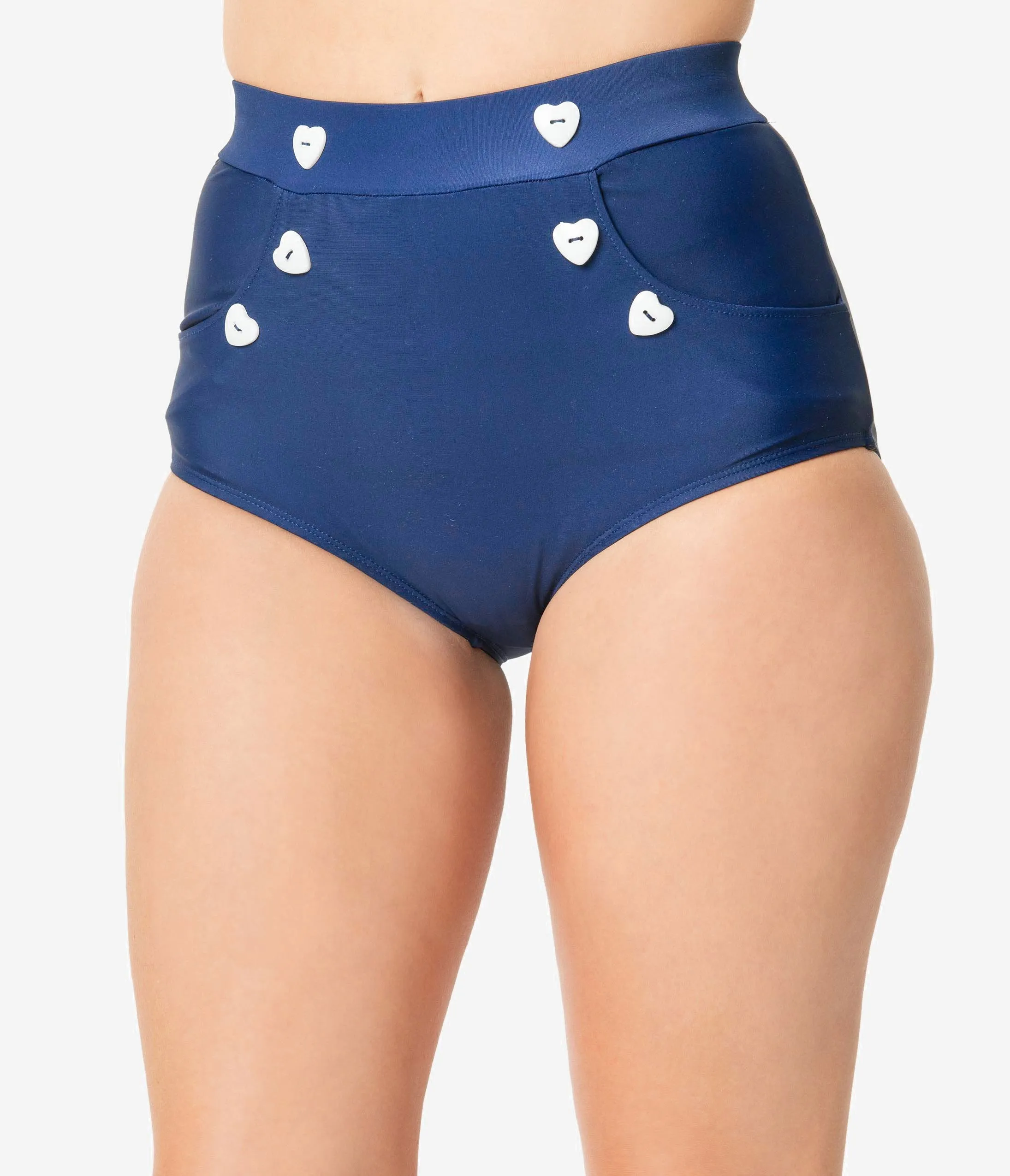 Unique Vintage Mrs. Cooper Navy & White Heart Buttons Sailor Swim Shorts