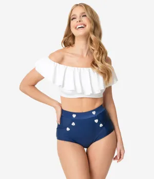 Unique Vintage Mrs. Cooper Navy & White Heart Buttons Sailor Swim Shorts