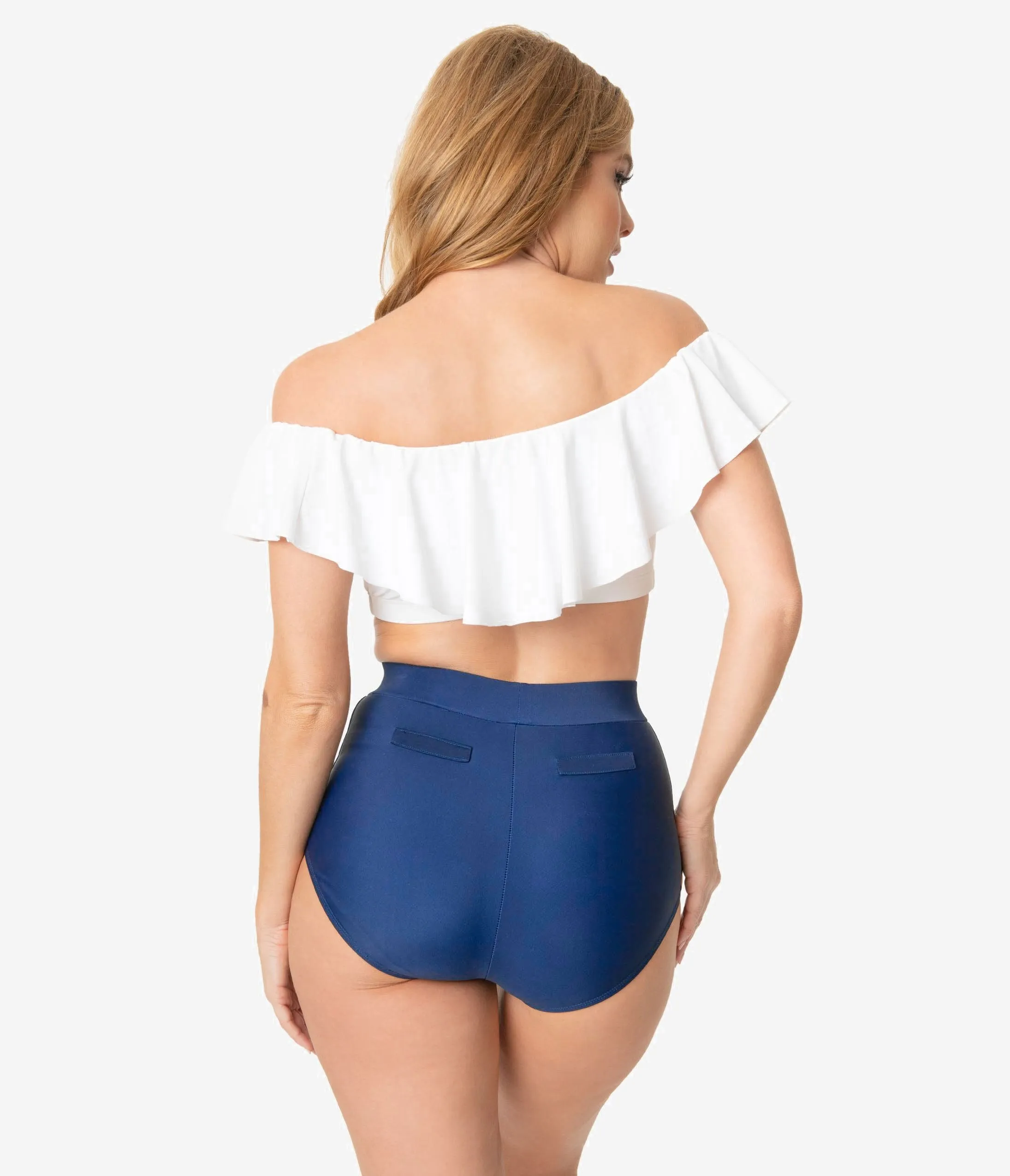 Unique Vintage Mrs. Cooper Navy & White Heart Buttons Sailor Swim Shorts