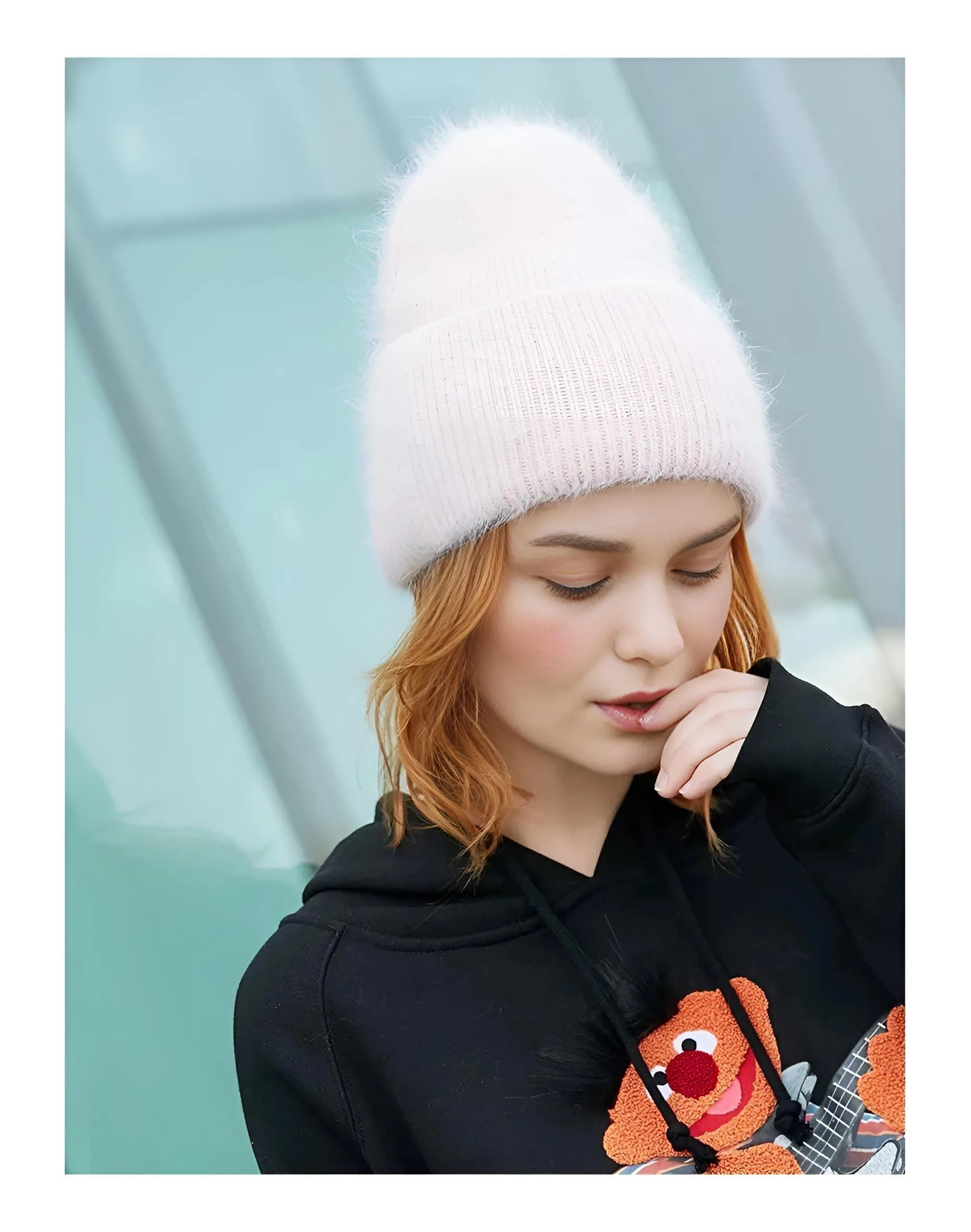 Winter Women's Rabbit Fur Hats Warm Long Rabbit Fur Hair Female Caps Fashion Solid Colors Wide Cuff Young Style Beanies