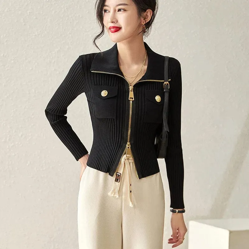 Women's Fashion Knitted Cardigan Sweater – Slim Fit Casual Zipper Jacket