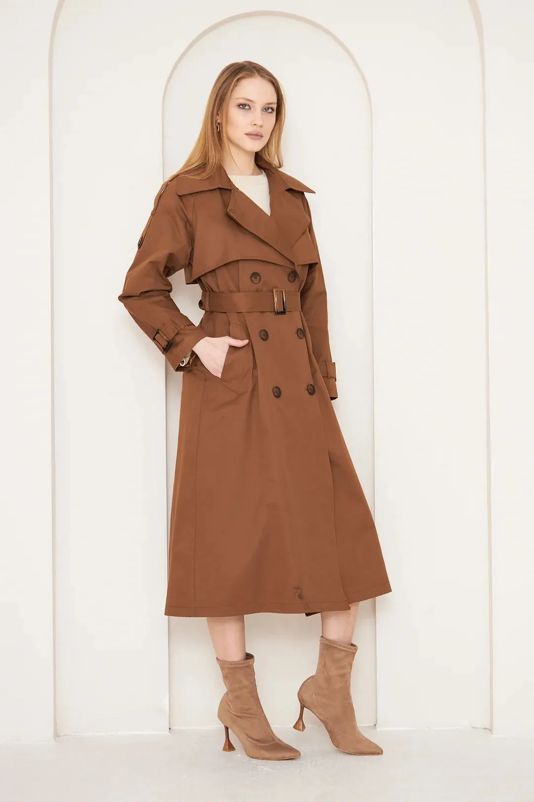 Women's Long Trench Coat with Double Collar Detail - Tan - SCB-W12393