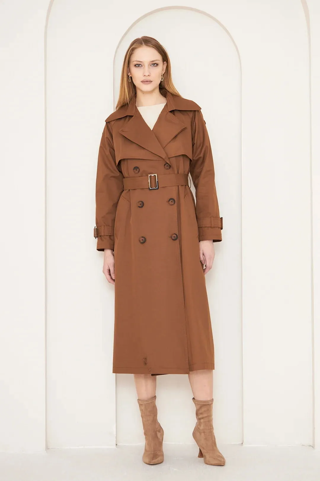 Women's Long Trench Coat with Double Collar Detail - Tan - SCB-W12393