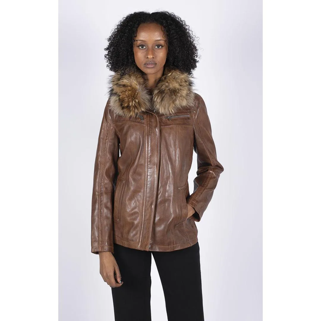 Womens Real Leather Short Parka Jacket Coat Fur Hood Zipped Brown Tan Black