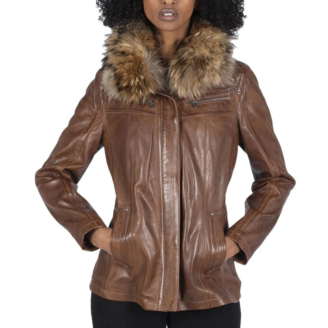 Womens Real Leather Short Parka Jacket Coat Fur Hood Zipped Brown Tan Black