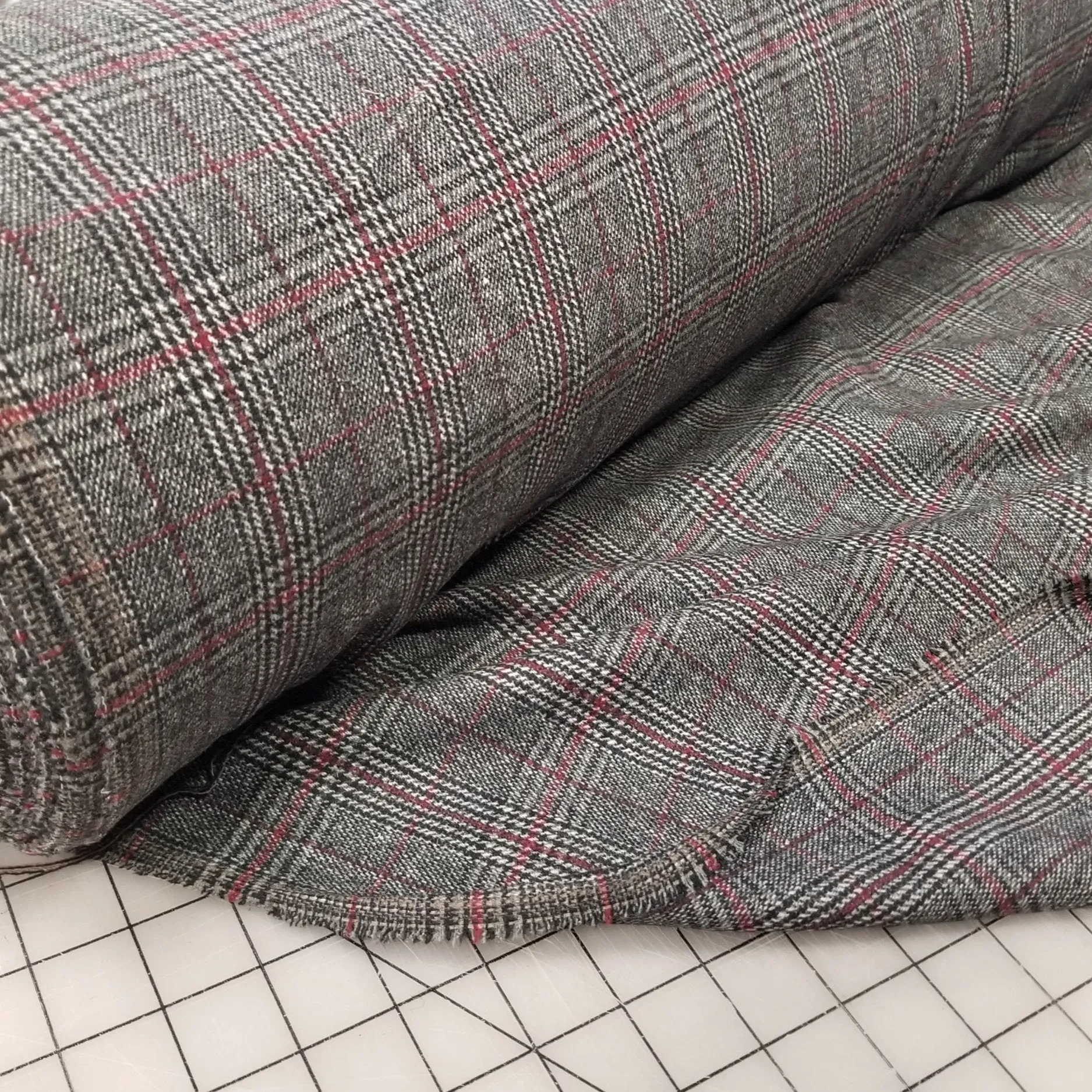 Wool Blend Melton Glen Plaid Charcoal and Red Woven-Sold by the yard