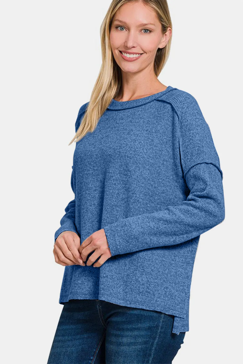 Zenana Women Sweater Knit Navy Exposed Seam Brushed Round Neck Pullover